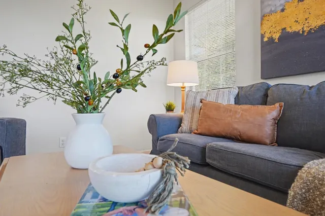 a living room with furniture flowerpot and wooden floor