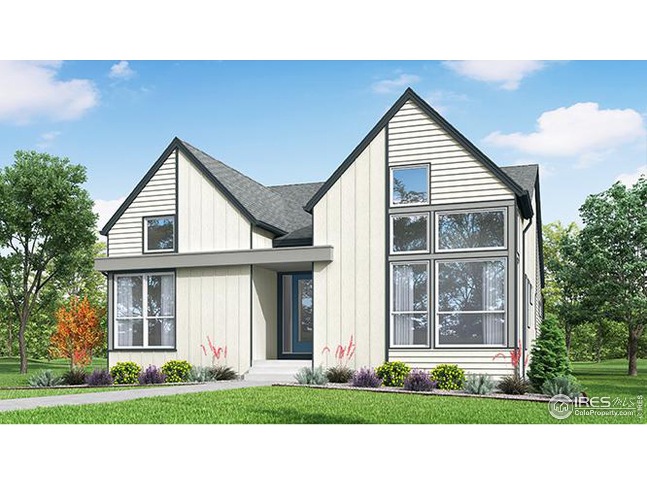 a front view of a house with a yard and potted plants