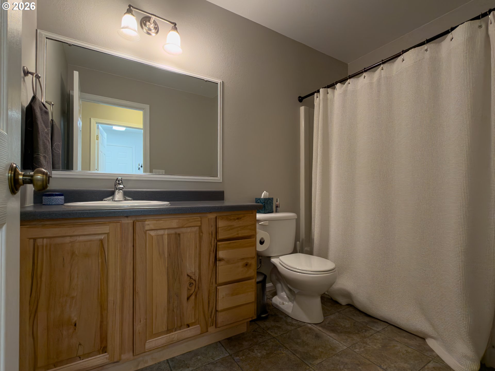 1185 11th Street Southeast Bandon, OR 97411 - Photo 32 of 48 a bathroom with a sink a toilet a mirror and shower curtain