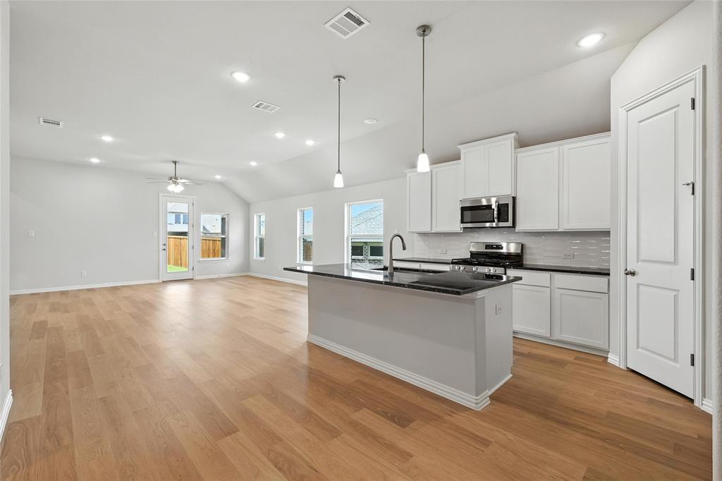 530 Red Barn Drive Van Alstyne, TX 75495 - Photo 7 of 40 Kitchen featuring stainless steel appliances, lofted ceiling, dark countertops, backsplash, and ceiling fan