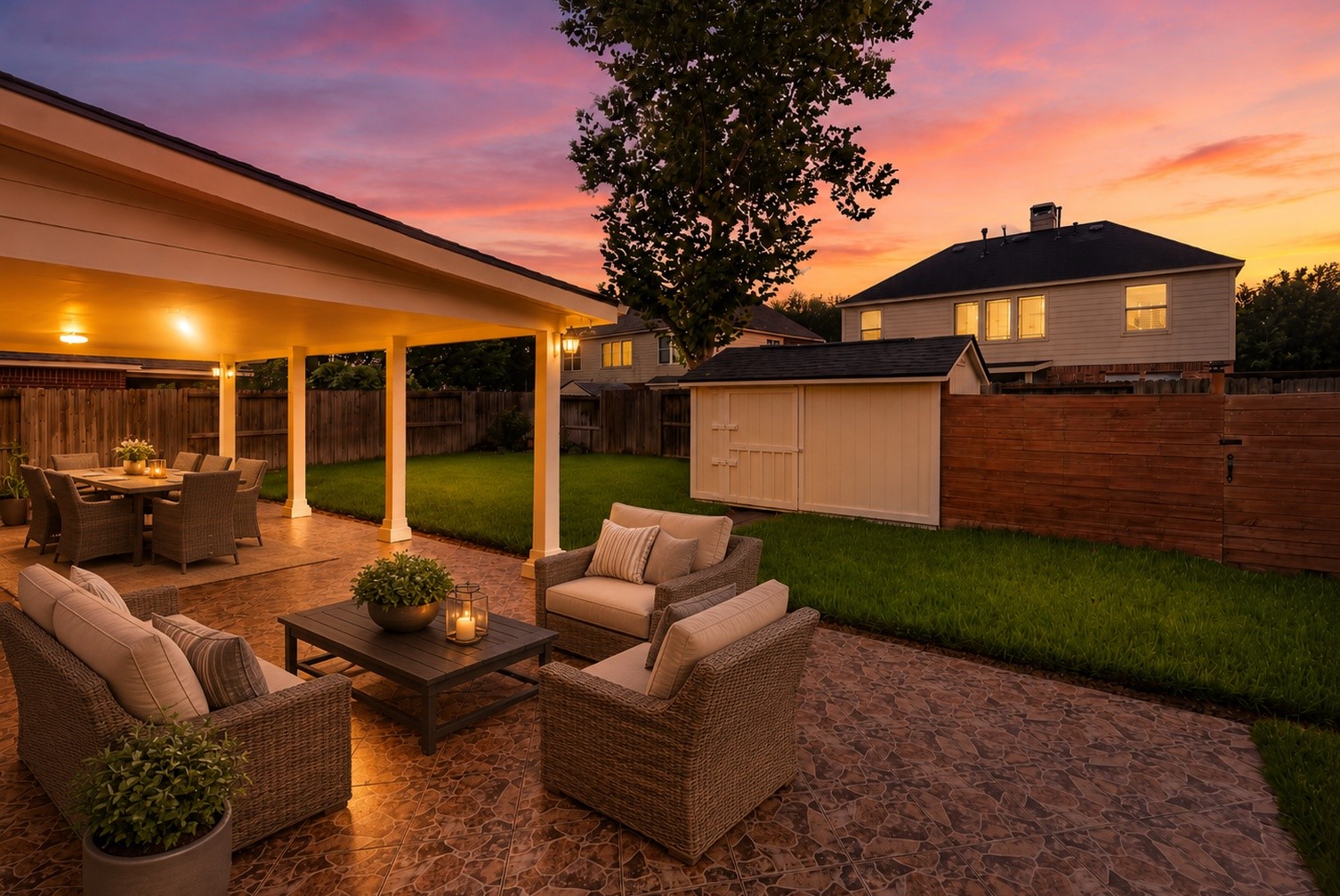 5724 Shady Hollow Court Rosharon, TX 77583 - Photo 4 of 27 Designed for both function and relaxation, this backyard showcases multiple outdoor living zones, including covered dining, lounge seating, and a storage shed that helps keep the garage fully usable. Behind the fence near the shed is a previous garden area, thoughtfully tucked away to preserve the serene feel of the yard. Virtually staged.