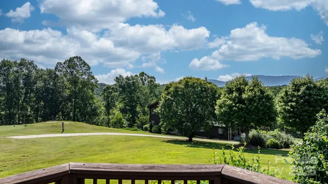 a view of a swimming pool and trees in the background