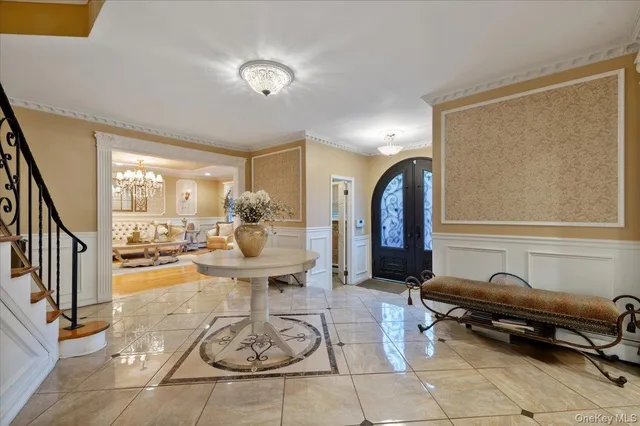 a living room with furniture and a table