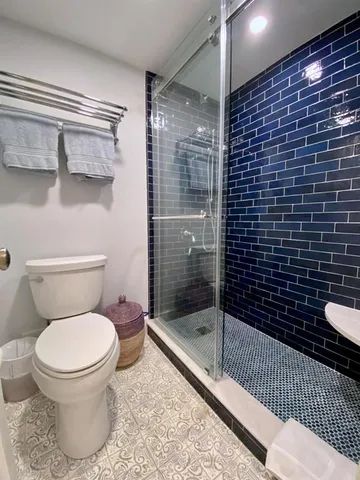 a bathroom with a toilet and a shower