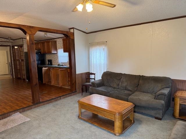 367 Eldie Foster Road Pocahontas, TN 38061 - Photo 4 of 14 Living room featuring carpet flooring, a textured ceiling, a wainscoted wall, ceiling fan, and ornamental molding
