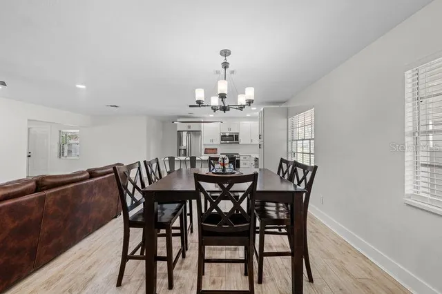 a view of a dining room with furniture and wooden floor