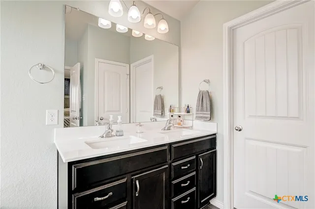 a bathroom with a sink double vanity and a mirror