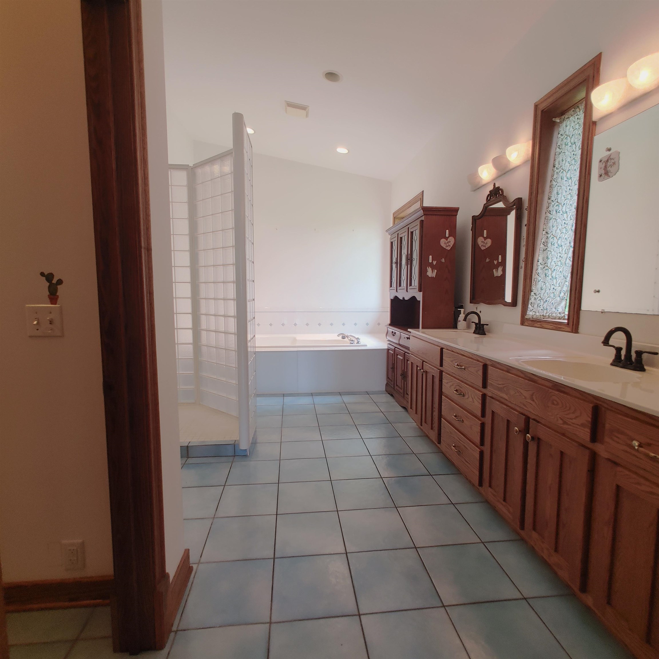 10799 Randall Road Capron, IL 61012 - Photo 43 of 68 a bathroom with a double vanity sink a mirror and a bathtub