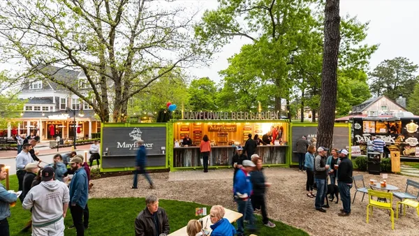 an outdoor space with seating area