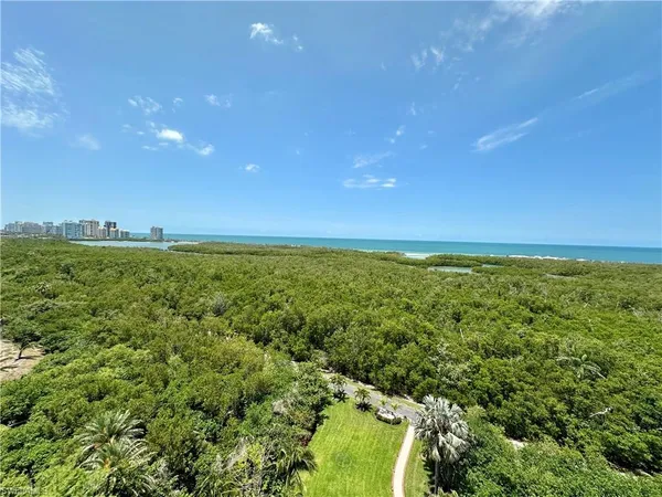 a view of an ocean and a yard
