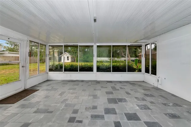 a view of a large garden with plants and large trees