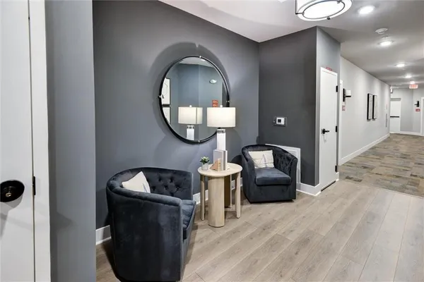 a front view of a building with a garage