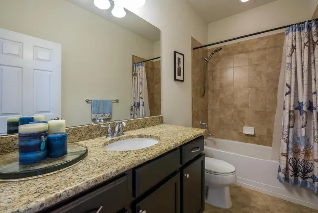 a bathroom with a granite countertop sink toilet and shower