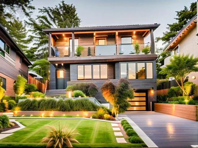 a front view of a house with garden and patio