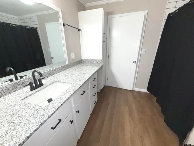 a bathroom with a granite countertop sink and a mirror