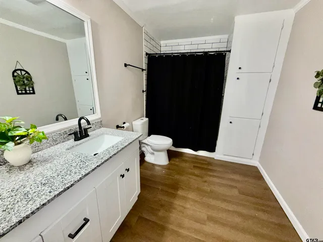 a bathroom with a granite countertop sink a toilet and a shower
