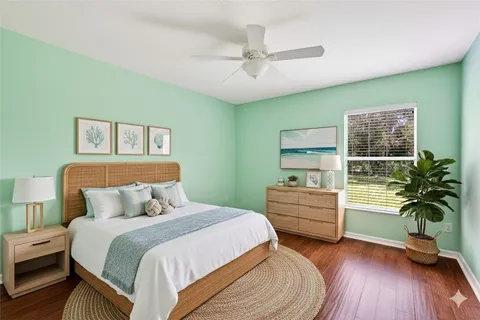 a bedroom with furniture and a wooden floor