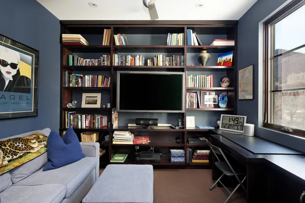 a living room with furniture a book shelf and a window