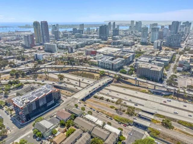 a city view with tall buildings