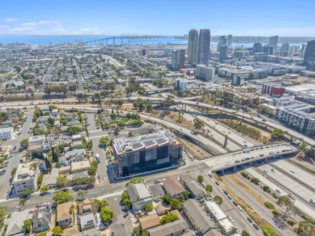 a view of a city with tall buildings