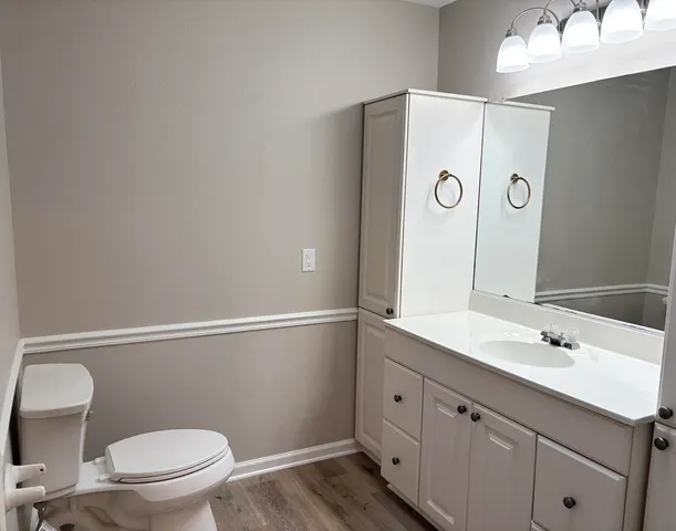 a bathroom with a sink a toilet a vanity and mirror