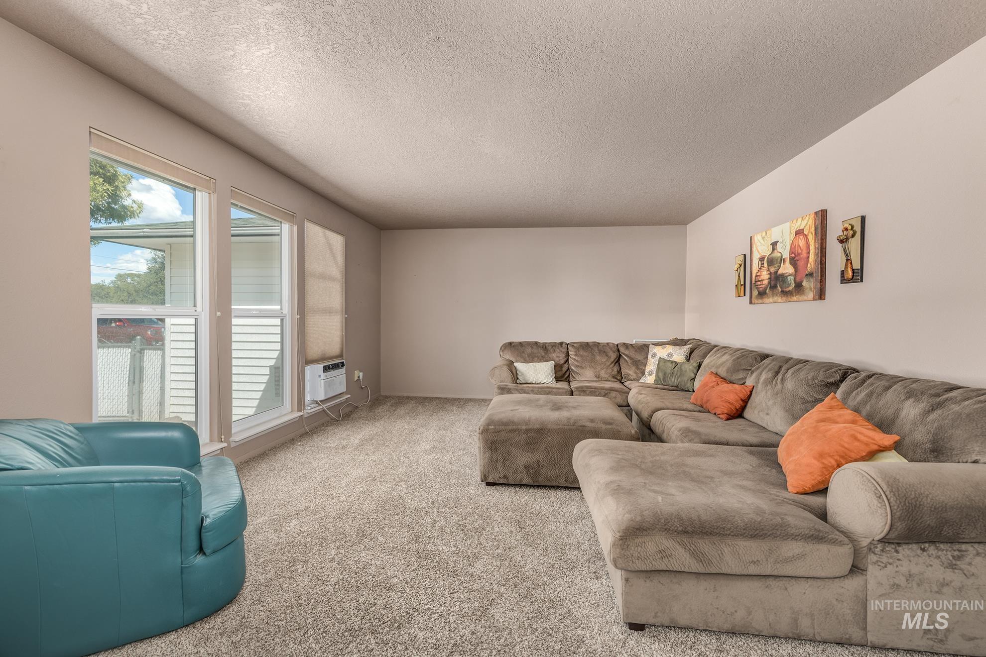 885 Airport Road Vale, OR 97918 - Photo 5 of 36 Living room featuring carpet flooring and a textured ceiling