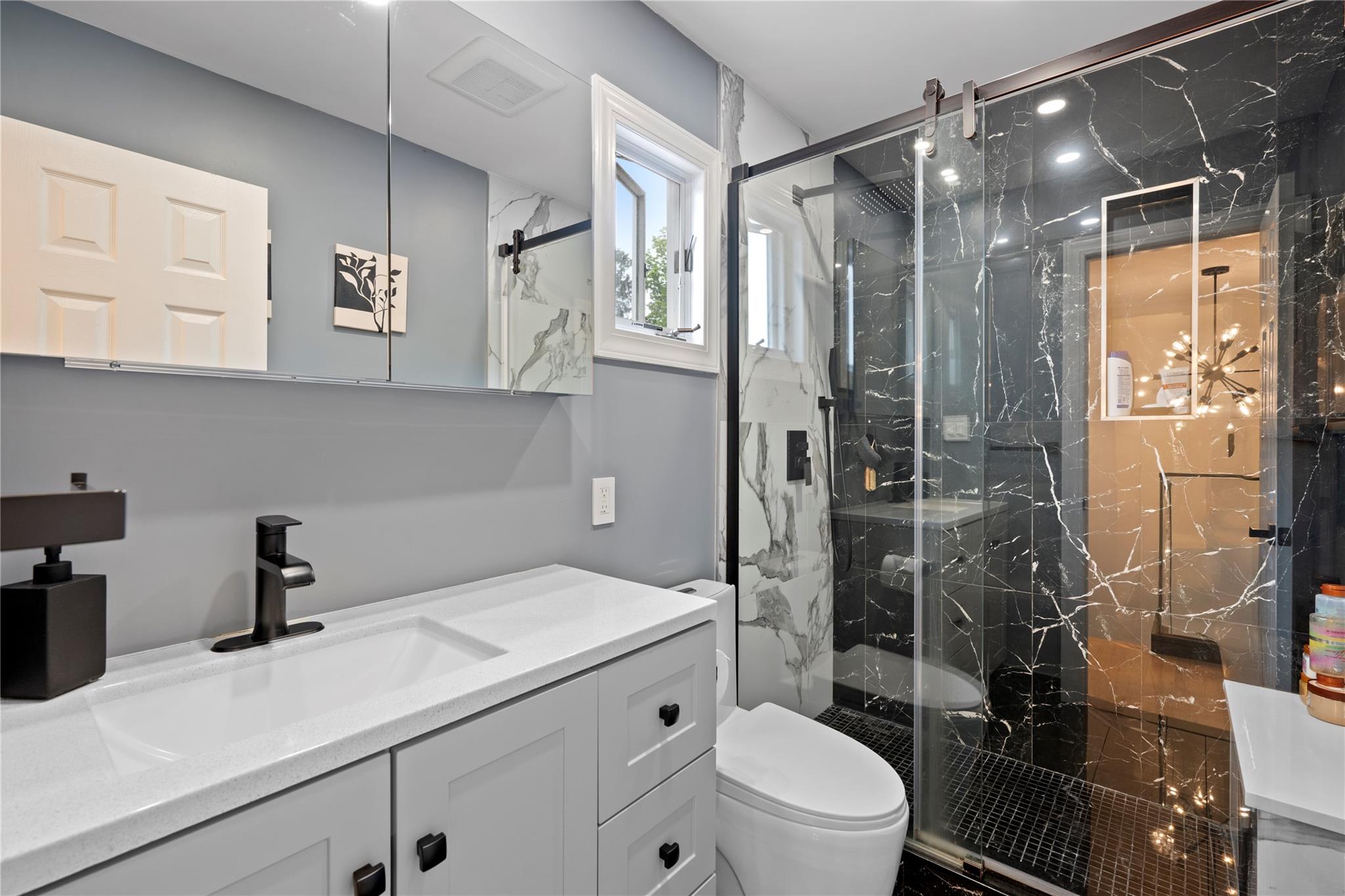 1 Bennett Avenue Huntington, NY 11746 - Photo 12 of 24 Full bath featuring vanity and a marble finish shower