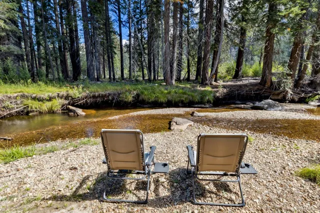 a view of a lake with a bench and trees around