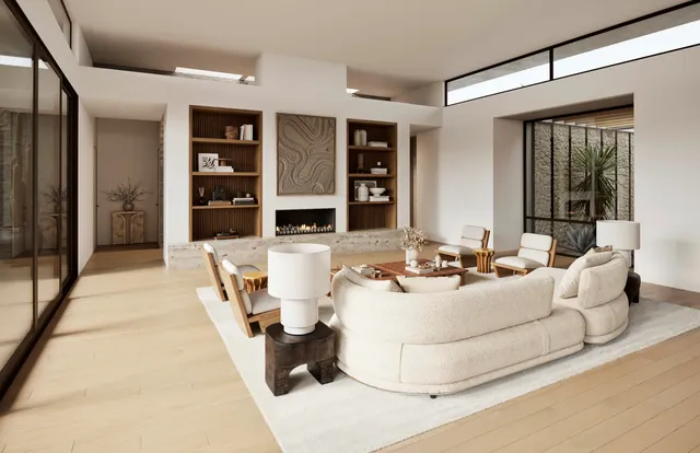 a living room with furniture and large window