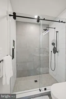 a bathroom with a shower and toilet