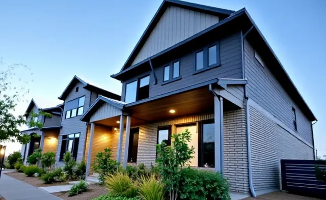 a view of a house with wooden walls and potted plants
