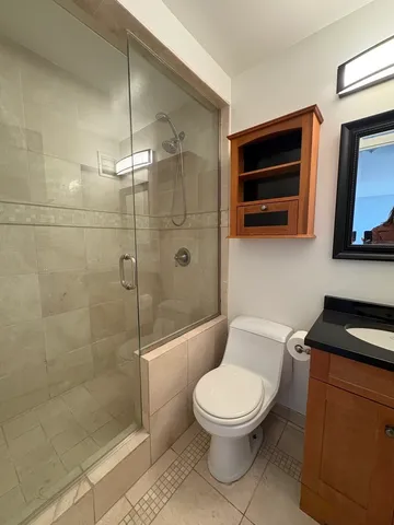 a bathroom with a toilet a sink a shower and mirror