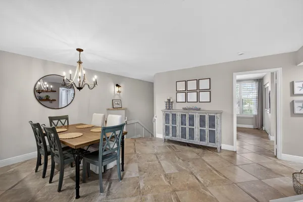 a view of a dining room with furniture