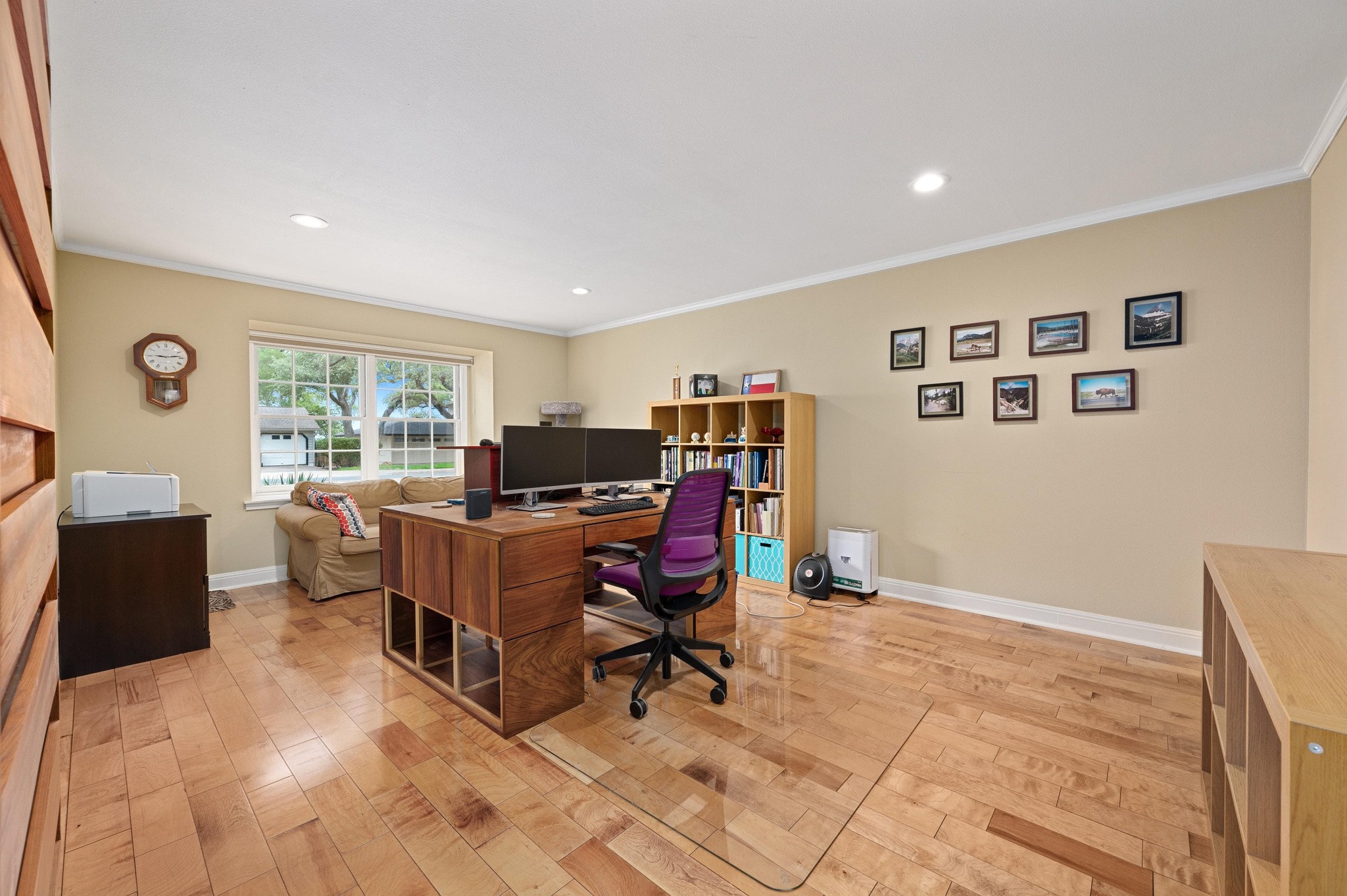 6507 Mesa Drive Austin, TX 78731 - Photo 15 of 40 Home office featuring crown molding, light wood-style floors, and recessed lighting