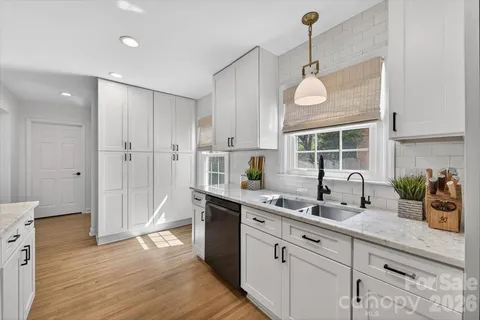 a kitchen with a sink and dishwasher with wooden floor