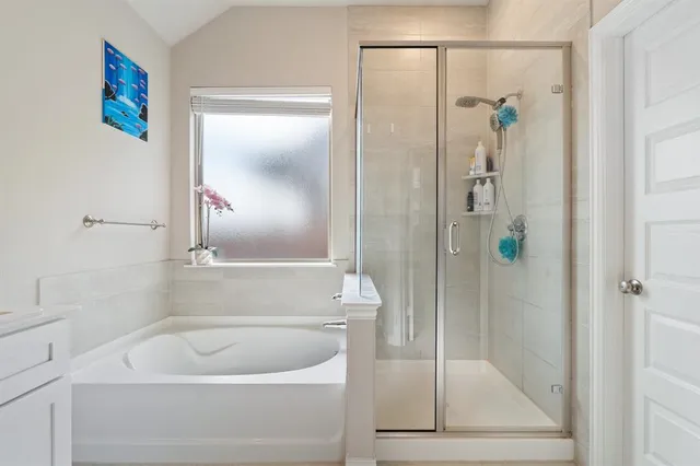 a bathroom with a bathtub and a shower