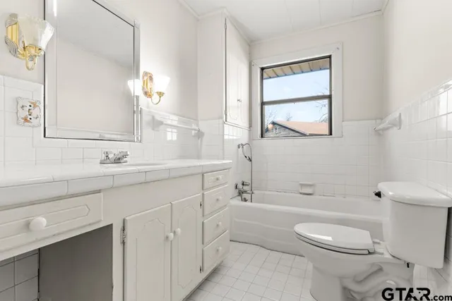 a bathroom with a toilet a sink a tub and mirror
