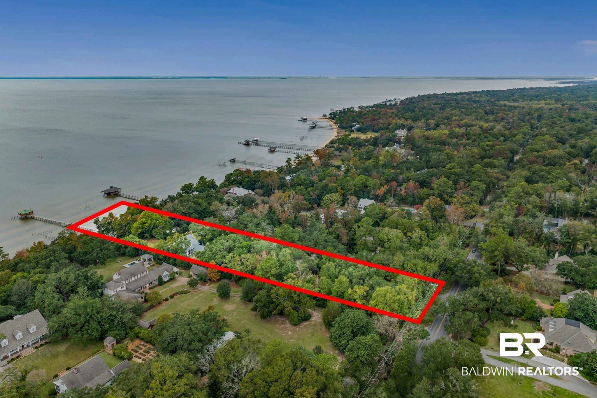 23561 Main Street Fairhope, AL 36532 - Photo 30 of 45 Aerial overview of property's location featuring property parcel outlined and a large body of water