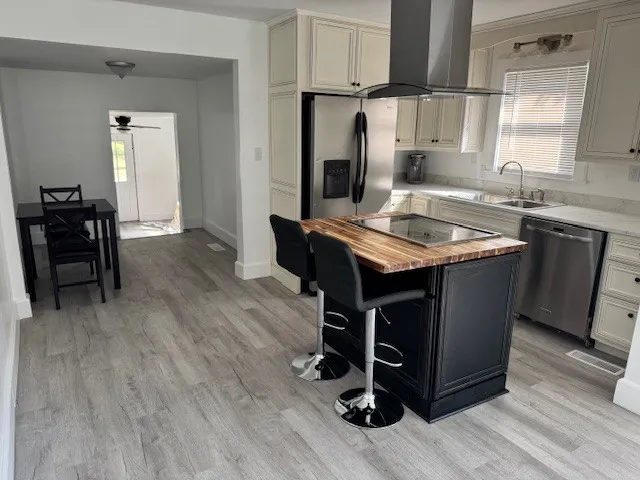 a kitchen with a sink a counter space and appliances