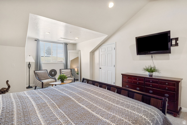 3598 North Huntsman Path, Unit 502 Eden, UT 84310 - Photo 14 of 43 Bedroom with carpet flooring, vaulted ceiling, and recessed lighting
