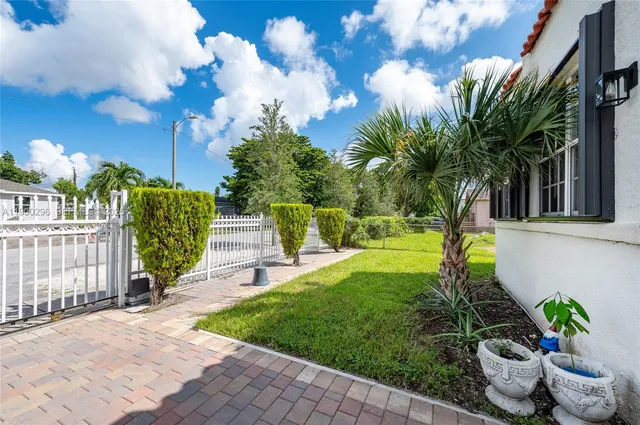 a view of a backyard with potted plants and large trees