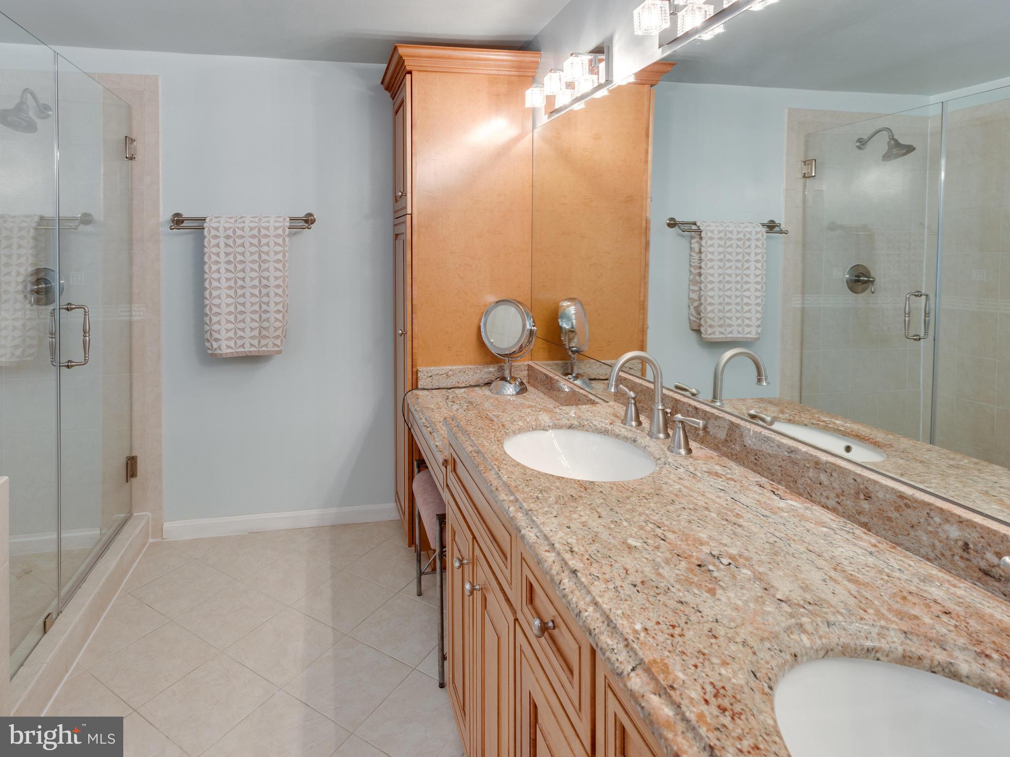 9031 Edgepark Road Vienna, VA 22182 - Photo 14 of 30 a bathroom with a granite countertop sink a mirror and shower