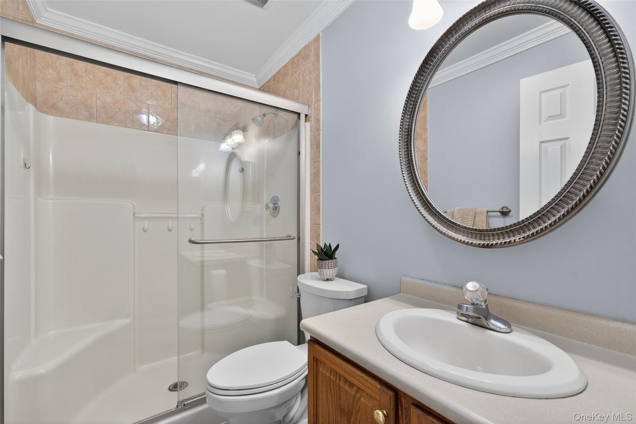 34 Booth Road Chester, NY 10918 - Photo 30 of 42 Bathroom featuring vanity, a stall shower, and crown molding