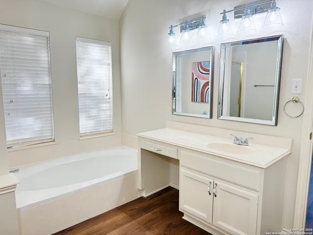 a bathroom with a sink a vanity and a bathtub