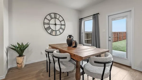 a view of a dining room with furniture window and wooden floor