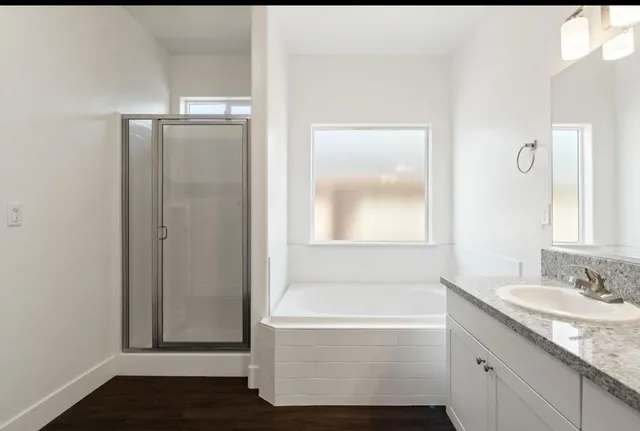 a bathroom with a granite countertop bathtub shower sink and mirror