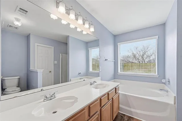 a bathroom with a tub a double vanity sink a large mirror and a bathtub