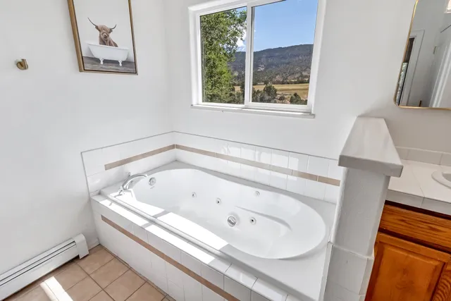 a bathroom with a tub and a window