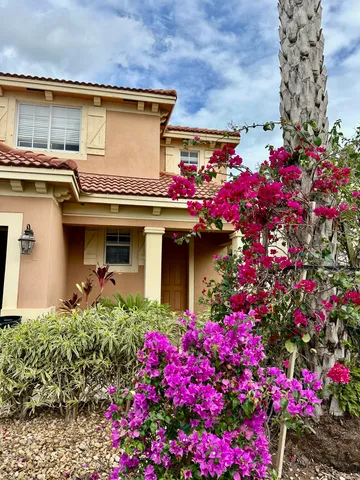 a palm tree sitting in front of a house with a garden