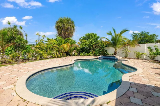 a view of a swimming pool with a yard